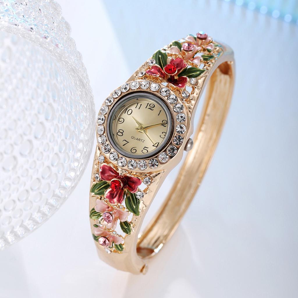 Watch Bangle Flower Rhinestone Womens Quartz Wristwatch