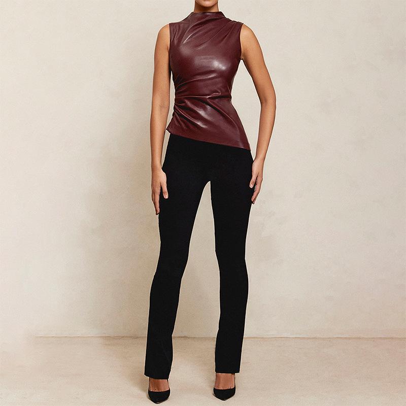 Sleeveless Asymmetrical Hem Leather Mock Neck Top – Women's European/American Style, 2026 Spring/Summer Collection