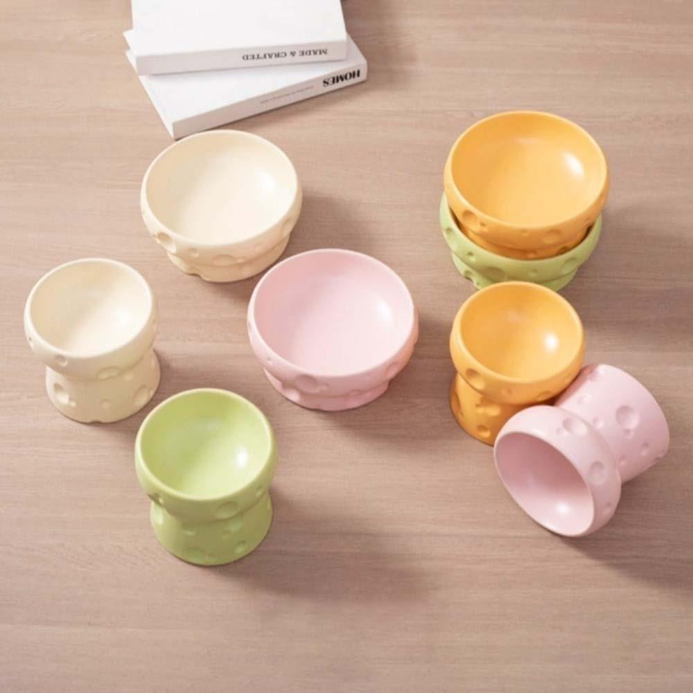 Large Diameter Elevated Cat Bowl Cheese Shape Anti-knock Neck Protection Bowl Anti-leakage Ceramic High Foot Bowl Indoor Use