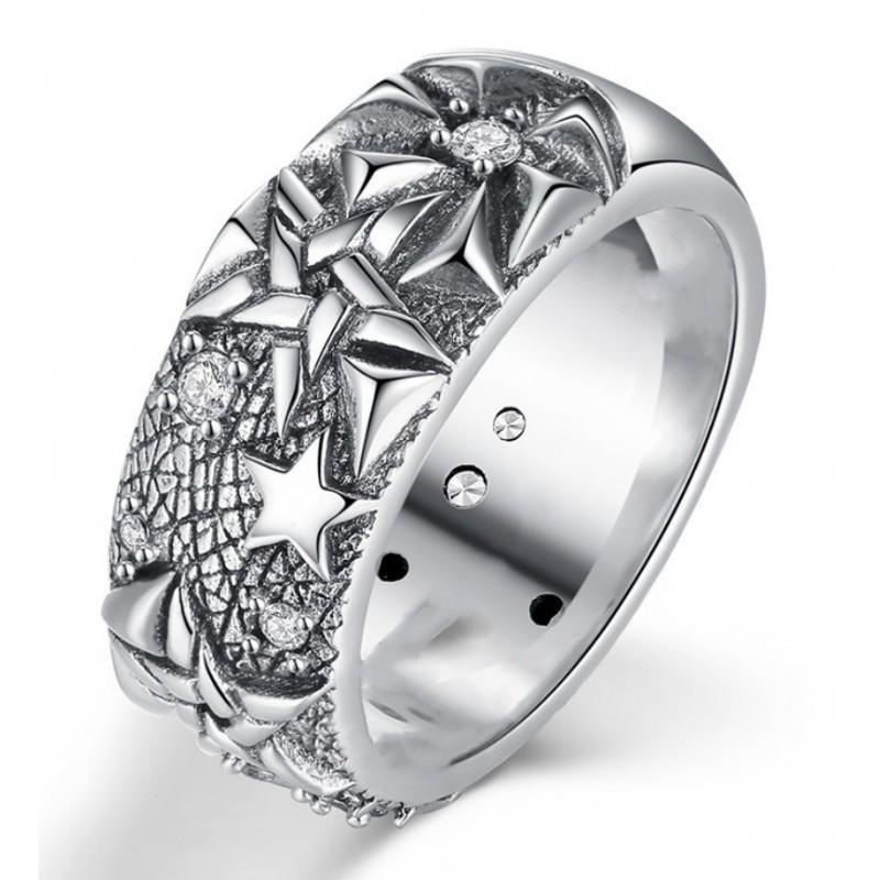 Adjustable Sterling Geometric Star Ring Men Women Hand-Set Crystal Accent Vintage Chic Finger Band