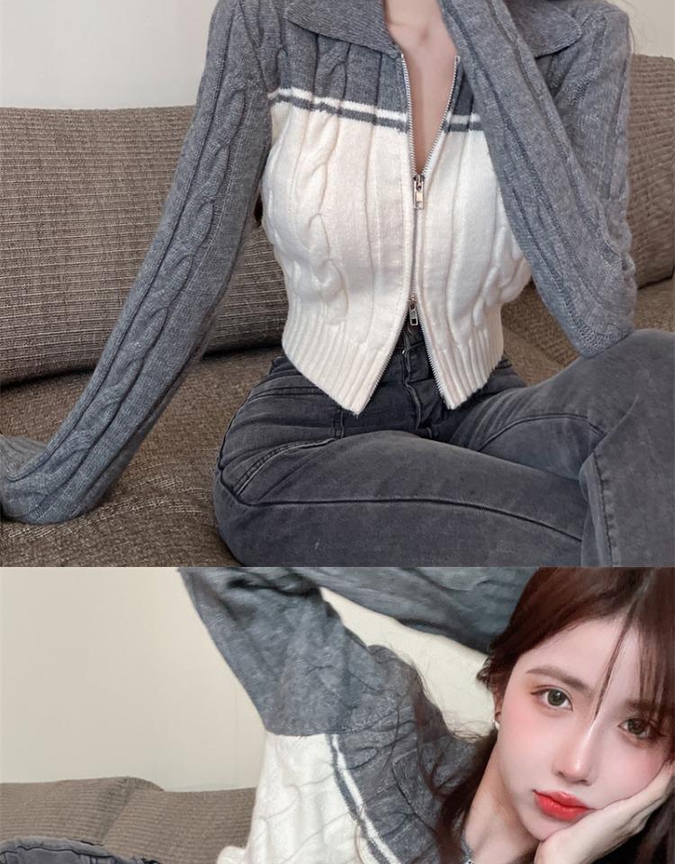 Spicy Girl Polo Collar Cropped Knit Cardigan Sweater - Women's Autumn Long Sleeve Slit Top