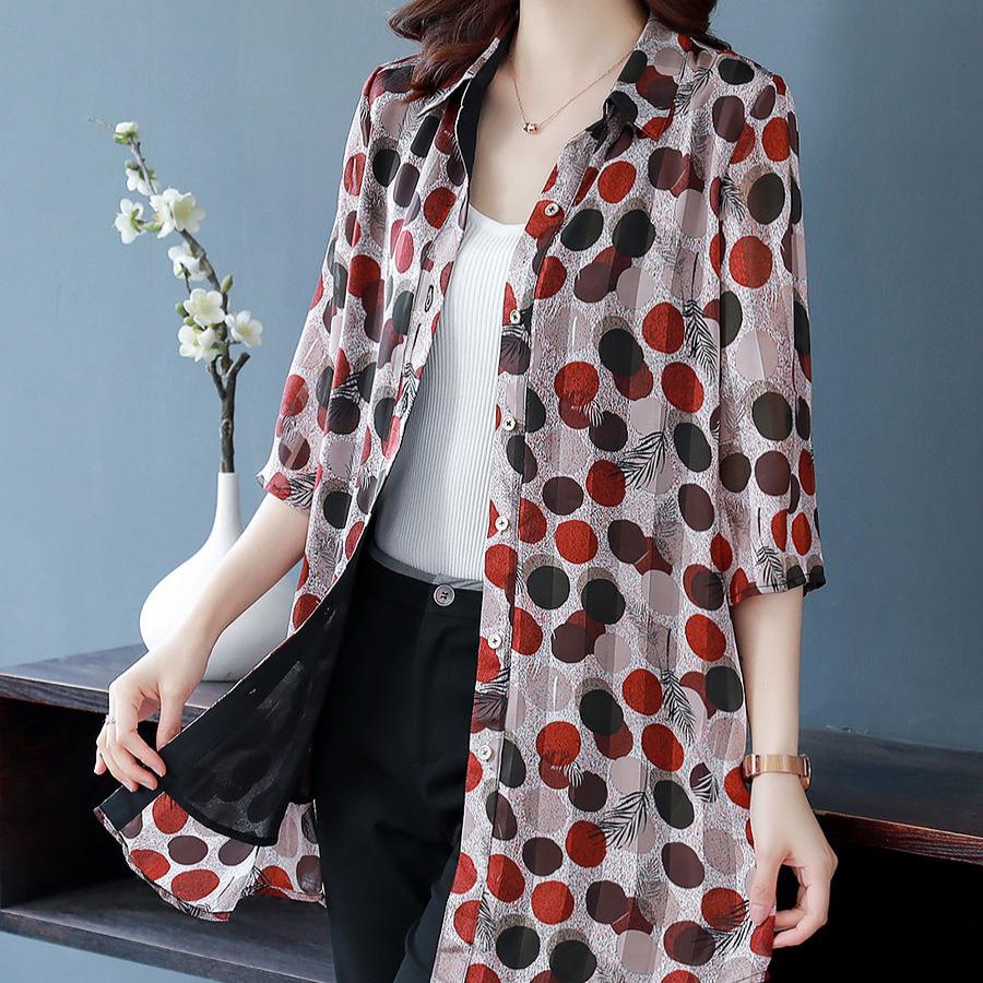 Large Size Shirt Women's Fashion Polka Dot Chiffon Shirt Loose Mid-length T-shirt Top Summer Sun Protection Clothing