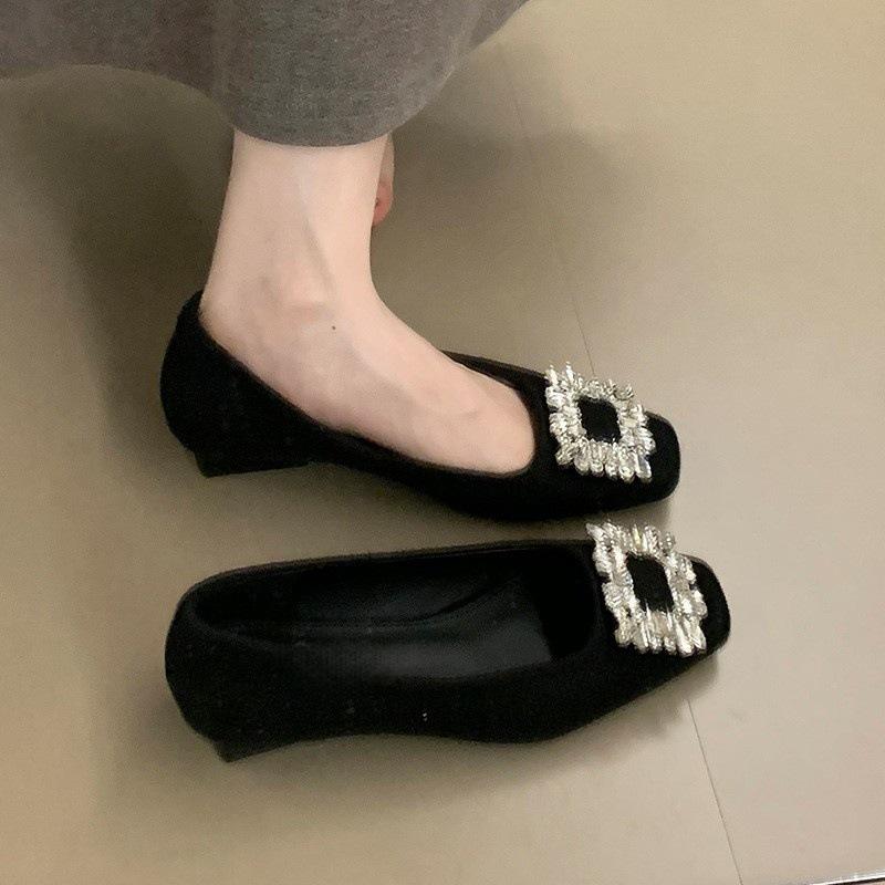 Rhinestone temperament thick heel single shoes women's autumn square head commuting low heel ladyshoes