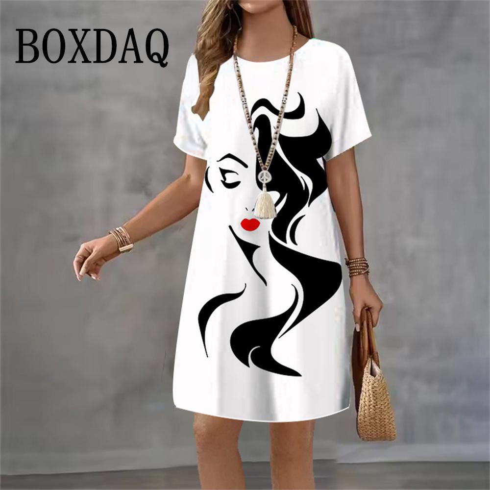 Abstract Painting Face Dresses Women 2026 New Fashion Streetwear Gradient 3D Print Short Sleeve Dress Summer Casual Loose Dress