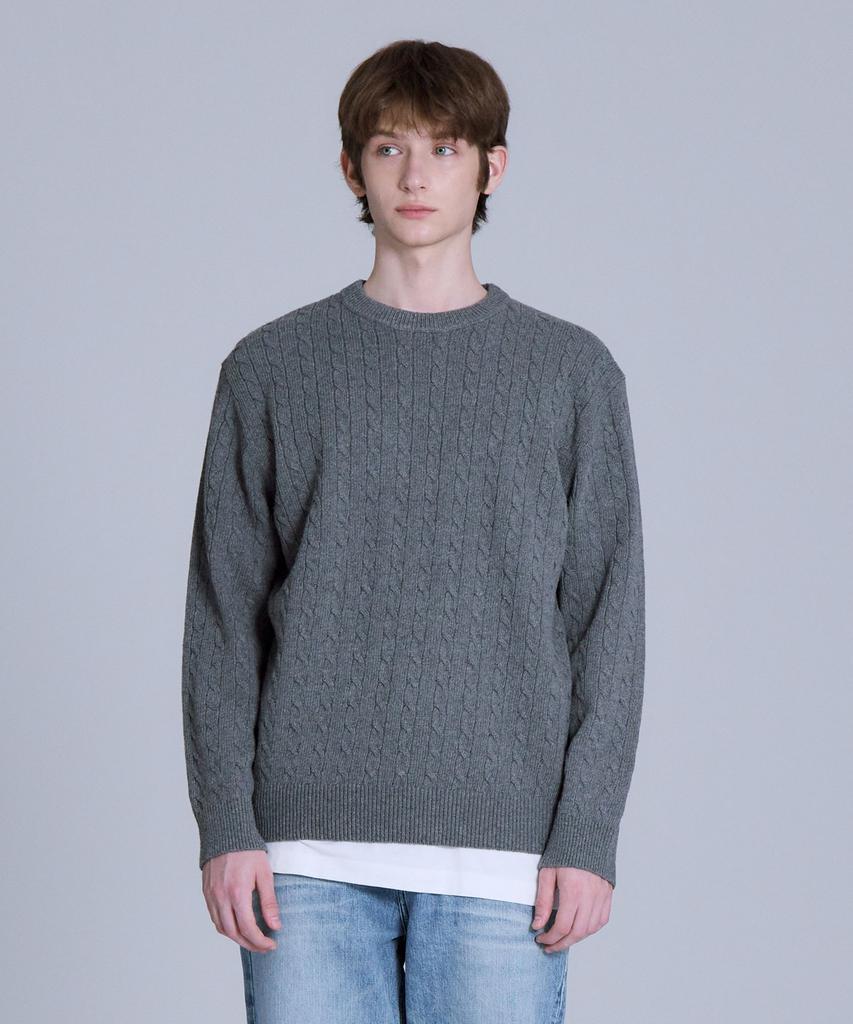 BASIC HOUSE Cable Round Neck Knit Melange Grey Lykt7101