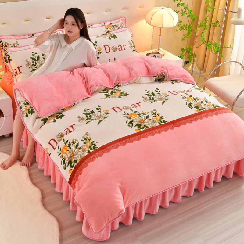 Thickened Milk Fleece Four-Piece Coral Fleece Quilt Cover, Bed Sheet Fleece Double-Sided Fleece Flannel Bedding, Bed Skirt