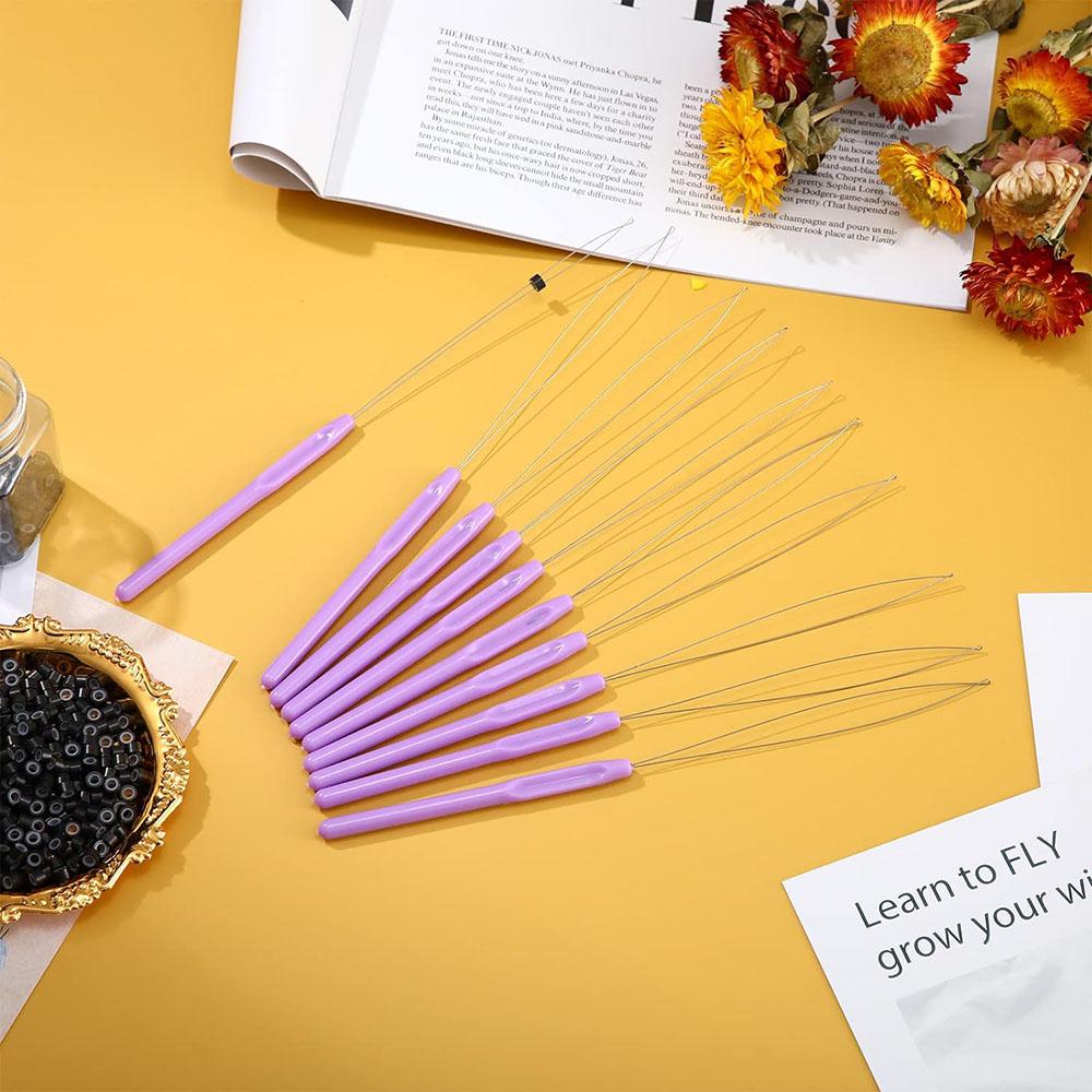 10pcs Hair Extension Loop Needle Threader Pulling Hook Tool and Bead Device Tool Loop Threader Hook Needle For Hair Extensions