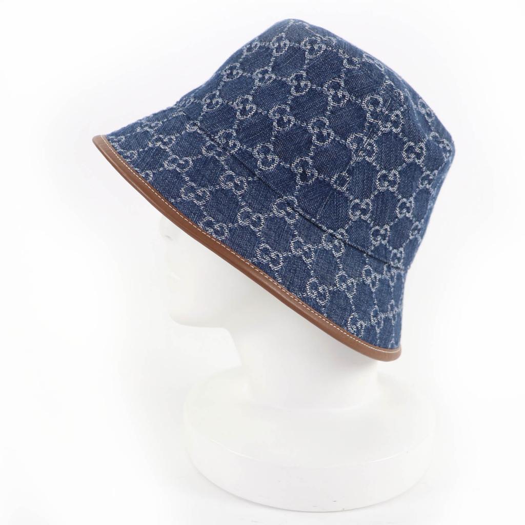 Pristine GUCCI hat GG Jacquard Lamb Leather Denim Bucket Hat Women L 816543 Used