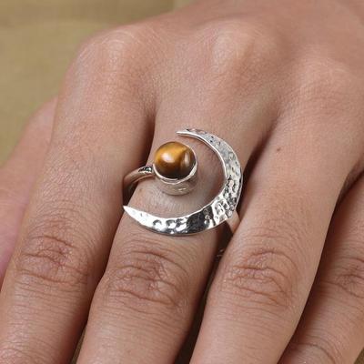 Tiger Edelsteinring rund, 925 Silberring, Designerring, Handgefertigter Ring, Statement-Ring, Modeschmuck, Mondring