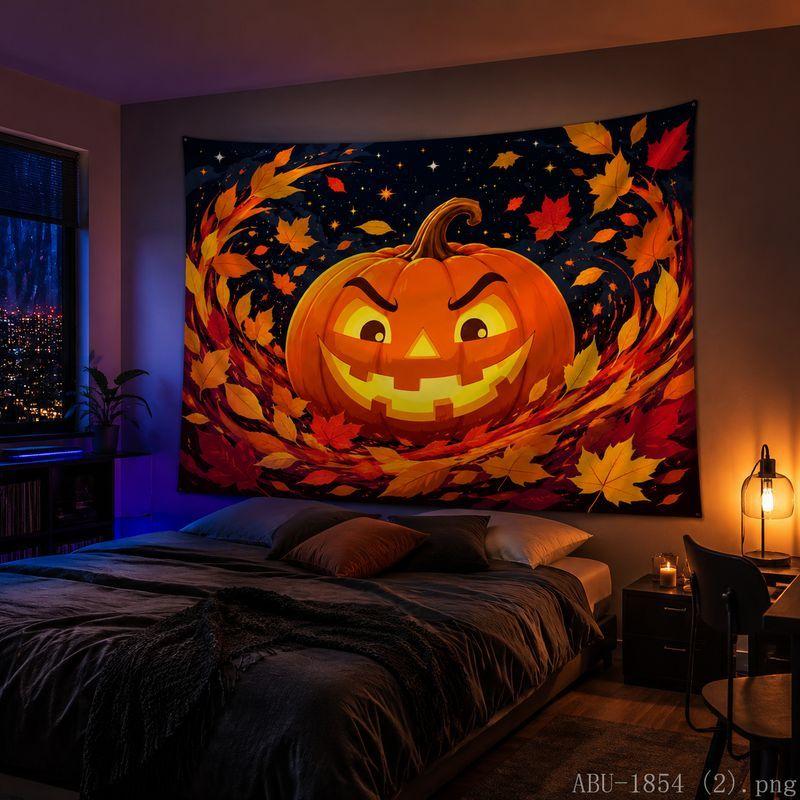 Halloween Tapestry Pumpkin Bat Cat Maple Leaf Moon Print Bedroom Living Room Party Wall Hanging Decor Cloth