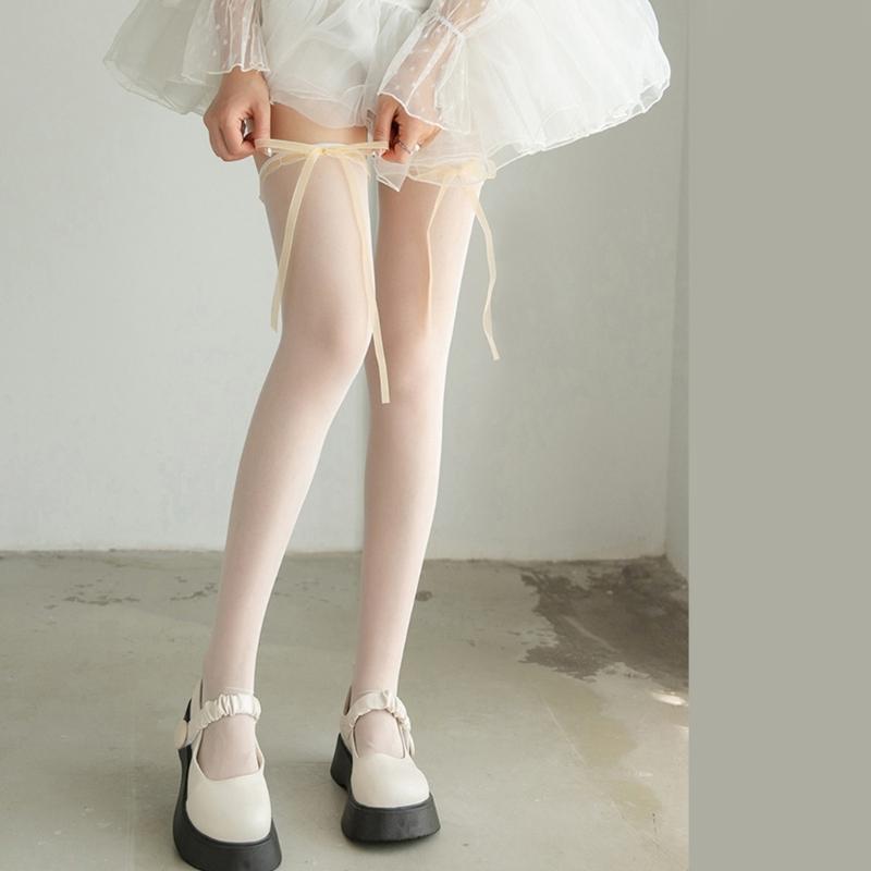 Japanese Cute Lace Up Silk Over Knee Long Socks for Women JK Girl Sweet Ribbon Bowknot Thin Thigh High Stockings Hosiery