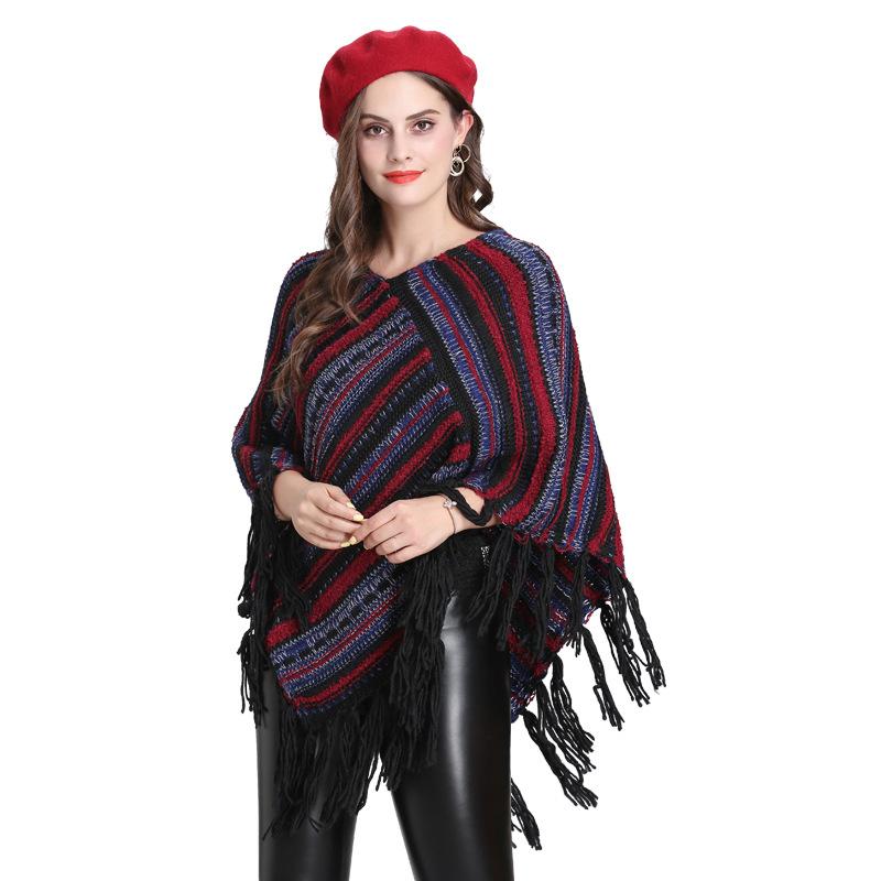 Exclusive For South American Tassel Cape Shawl V-Neck Diagonal Striped Pullover Women 1527 #