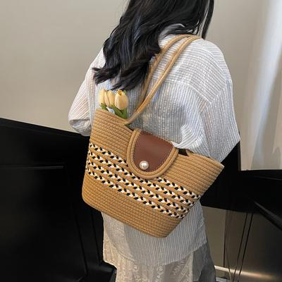 New Beach Cotton Rope Straw Bag Fashionable and Popular Large-capacity Tote Bag Women's Woven Beach Bucket Bag