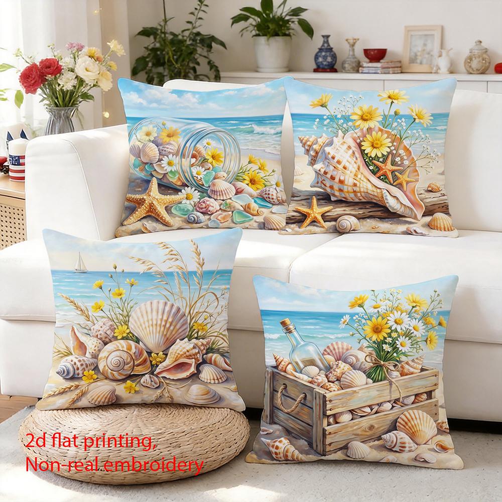 1/4pcs 2D Flat- Coastal Beach Seashell & Sailboat Throw Pillow Cover Home Farmhouse Outdoor Decoration Cushion Cover