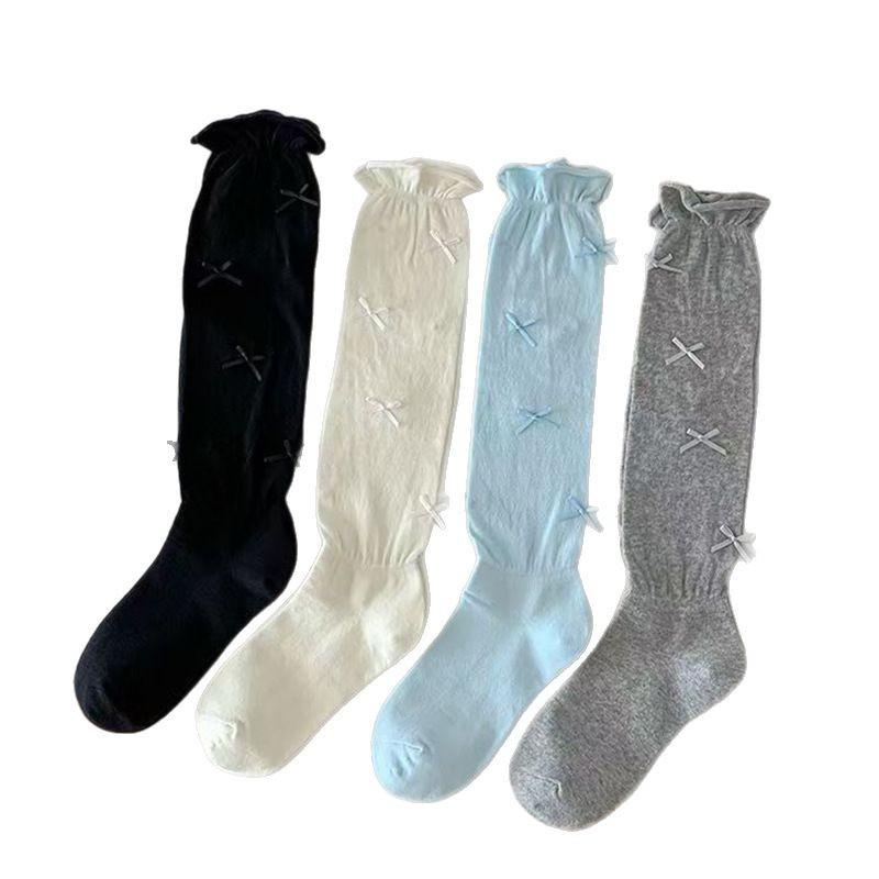 Lace Bow Calf Socks Women'S Solid Color Season Thin Curled Black And White Girl Style Stacking Socks