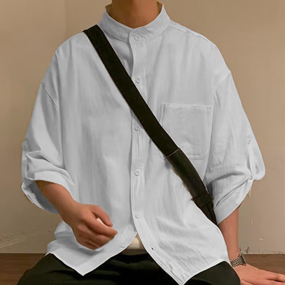Men Simple Stand Collar 3/4 Sleeve Casual Shirt Solid Color Loose Fit Single-breasted Patch Pocket Shirt Tops Workwear