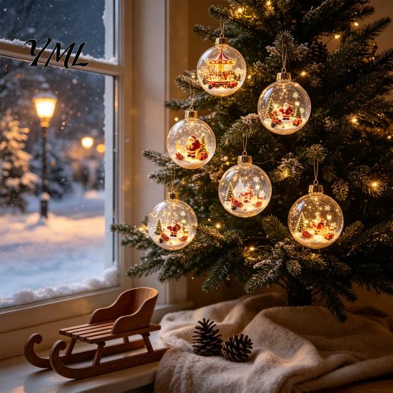 Decorative Hanging Spheres Glowing Christmas Ball Ornaments, Light-Up with Mini Holiday Scene, Acrylic Clear Decorations Tree Decor Warm LED Light for