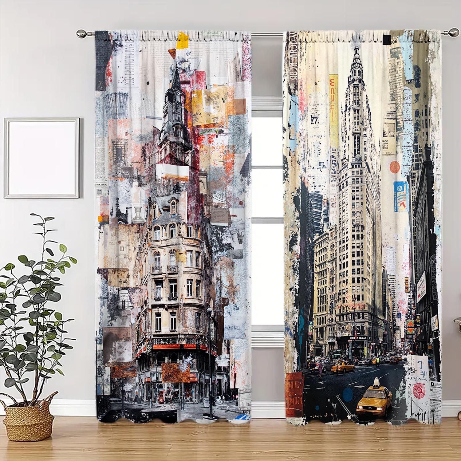 

Vintage Panels New York Collage Decorative Curtains Semi Transparent Without Lining Durable Polyester Fiber Curtain W100*H70(CM)-Hooks&1PCS