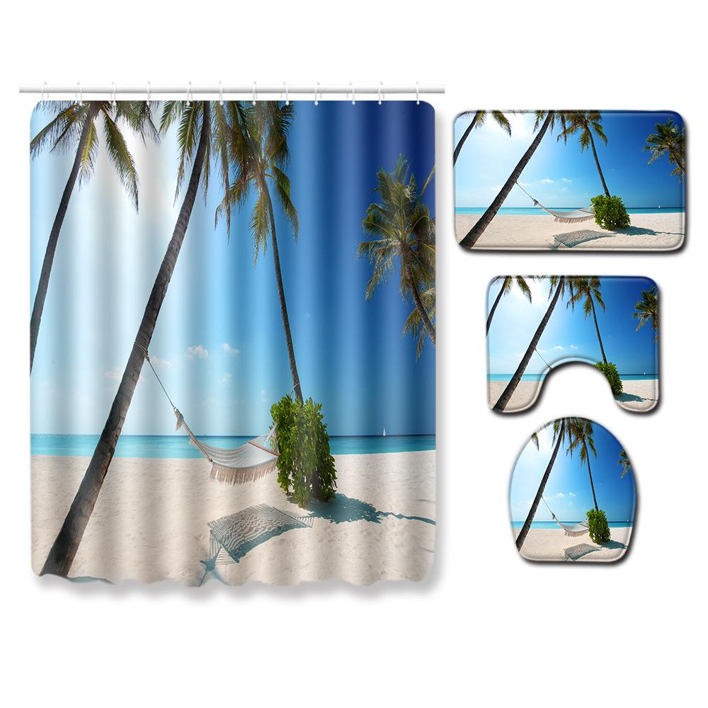 Landscape Shower Curtain Floor Mat Combination Four-Piece Set Bathroom Toilet Carpet Shower Room Mat Foot Mat