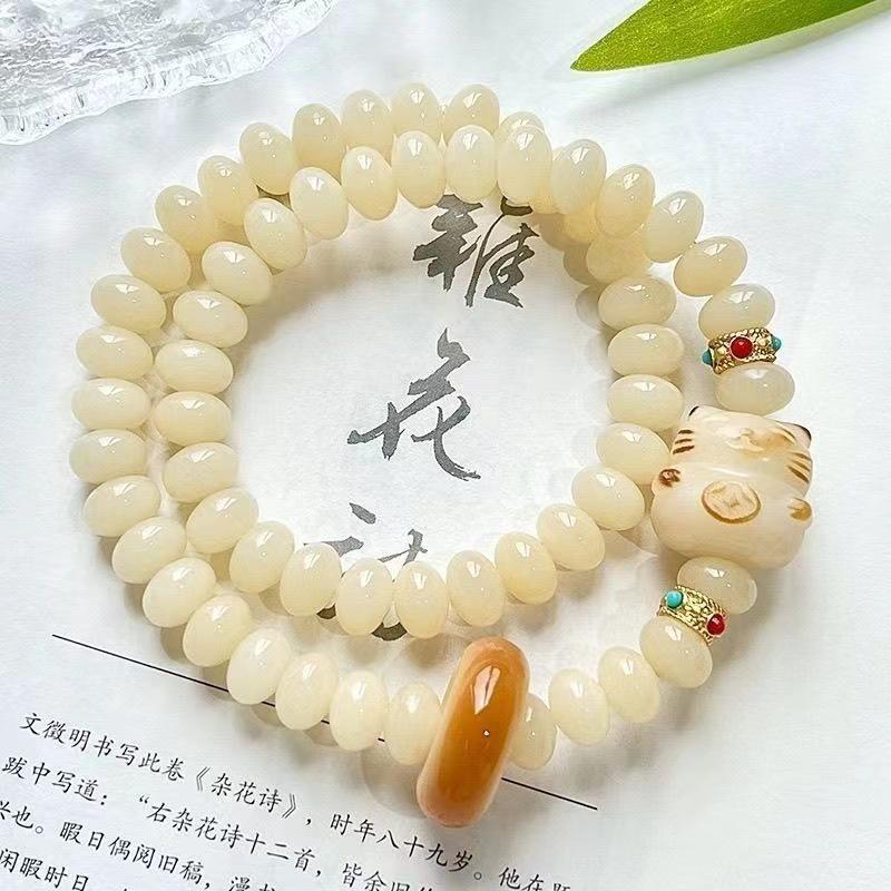 Natural White & Creamy Yellow Jade Bodhi Root Double-Strand Bracelet - Women's Gift Edition
