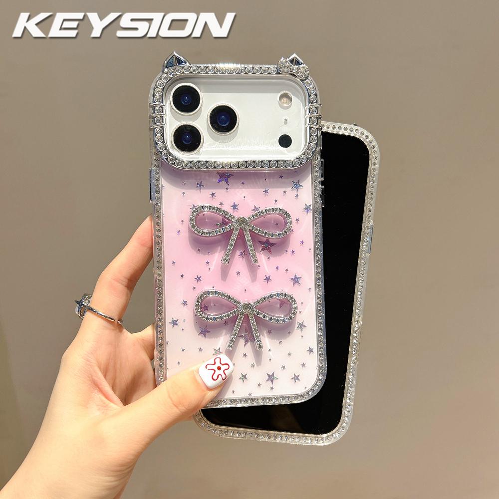 KEYSION Cute 3D Cat Ear Transparent Phone Case for iPhone 14 15 Pro Max 14 15 Plus Glitter Jewelled Bowknot Shockproof Back Cover