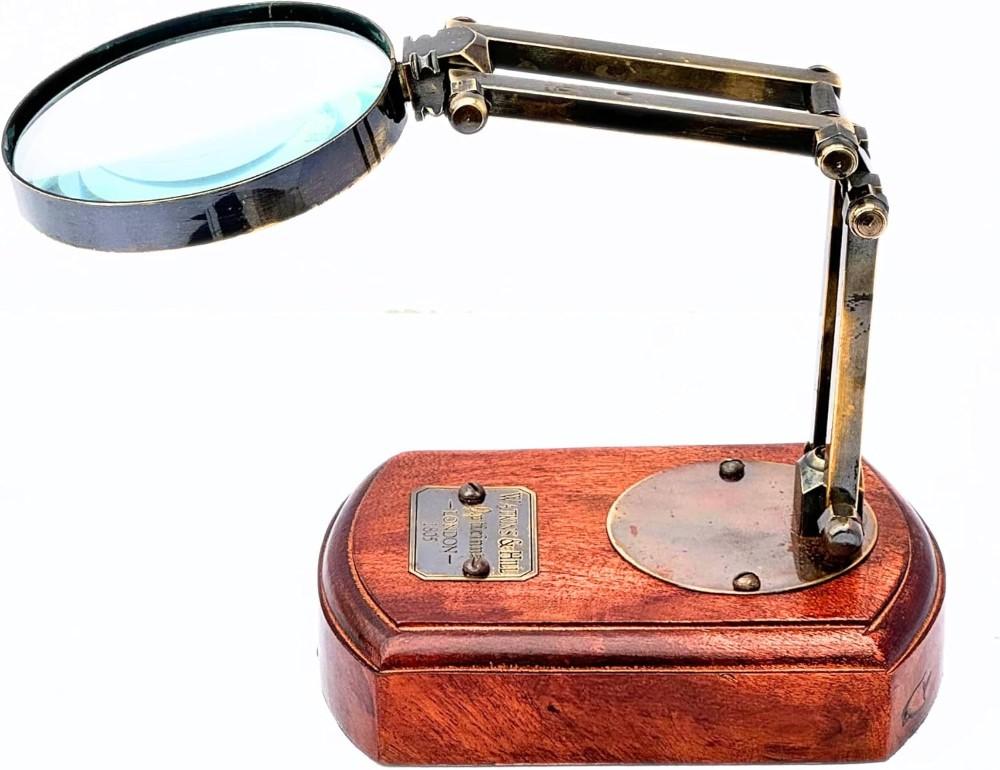 5X Brass Desk Top Magnifying Glass with Adjustable Stand and Wooden Base Vintage