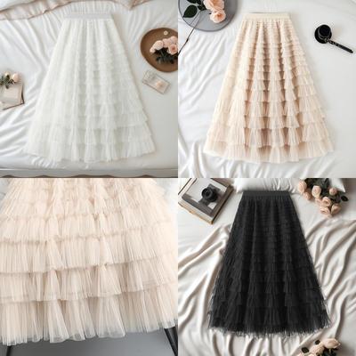 Elegant French Style Layered Cake Skirt - High Waist, Fluffy Winter Fashion for Women