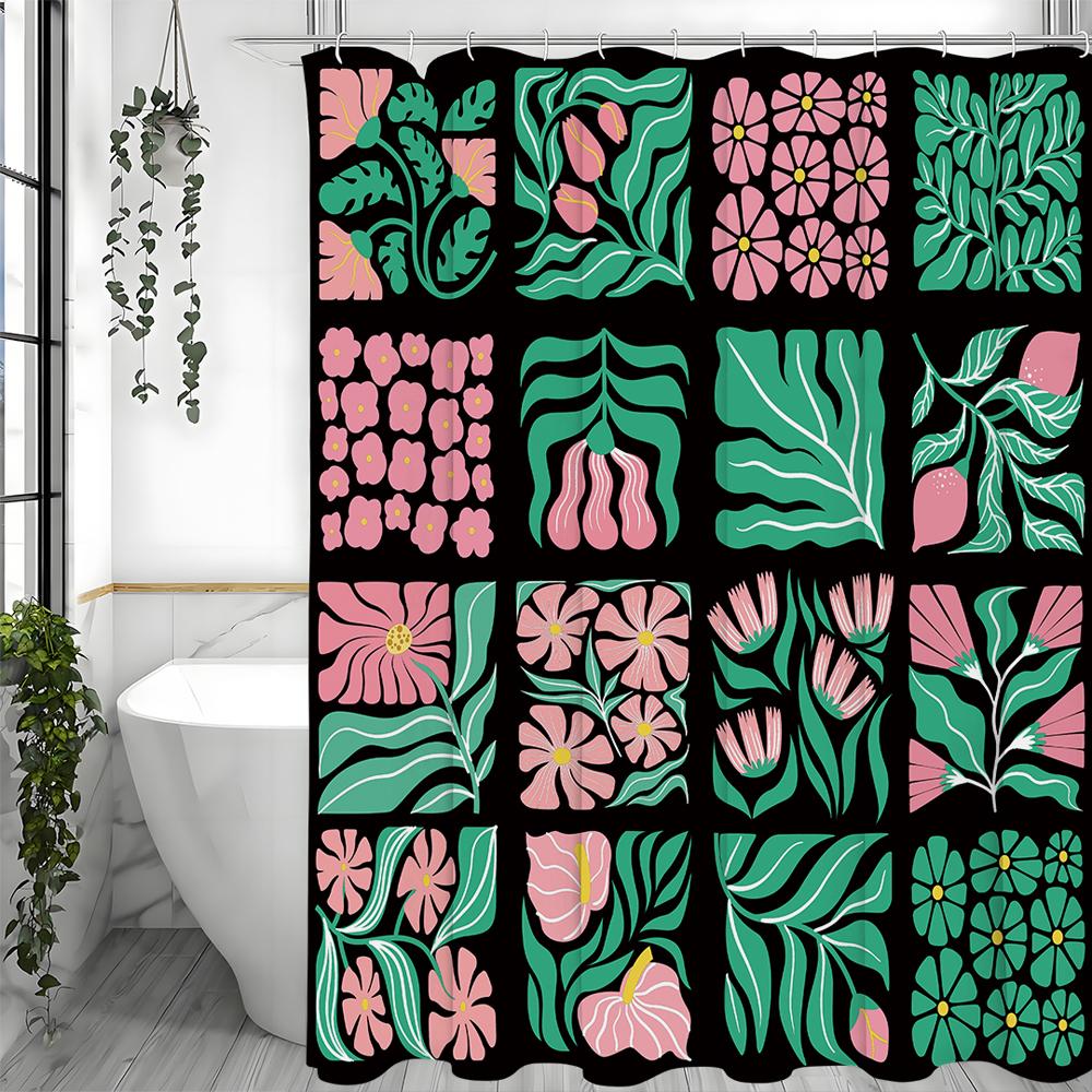 Floral Plant Collage Pink Green Shower Curtain, Bathroom Decorative Shower Curtain, Waterproof Shower Curtain with Hooks