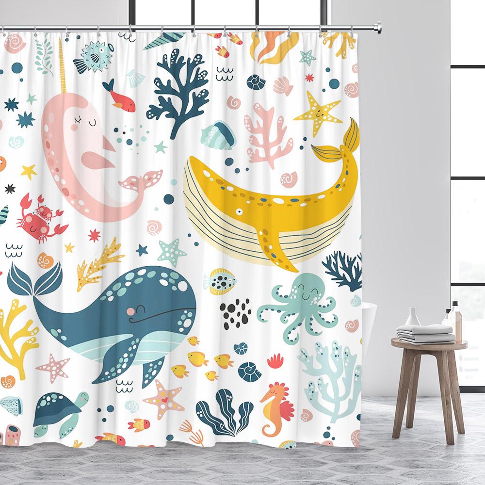 Cartoon Animals Kids Shower Curtains Cute Dogs Pet Ocean Fish Sea Turtle Whale Octopus Child Bathroom Curtain Decor With Hooks