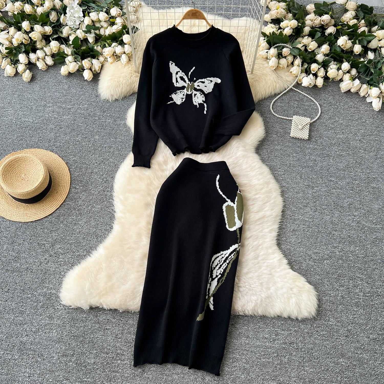 

Осенне-зимний женский вязаный свитер с принтом, комплект из двух частей, пуловер с длинными рукавами и длинная облегающая юбка-футляр средней длины One Size чёрный