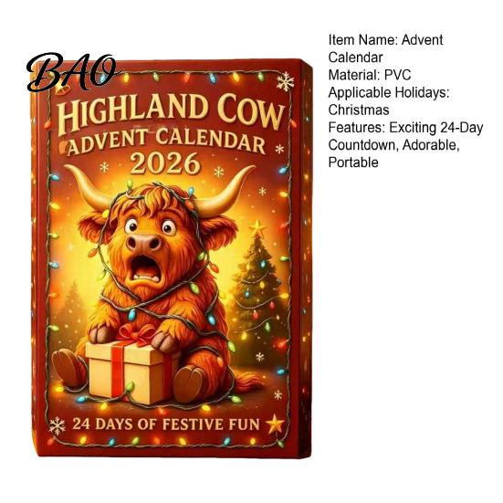 Birthday Gifts for Children 3D Highland Cow Advent Calendar, 24-Day PVC Figure Countdown Ornament Set, 24 Days Surprise Toys Unique Christmas