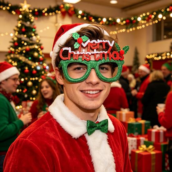huaqianguhh Christmas Glasses, Glitter Holiday Party Glasses Frames, Santa Hat Tree Snowman Bear Funny Eyeglasses for Favors