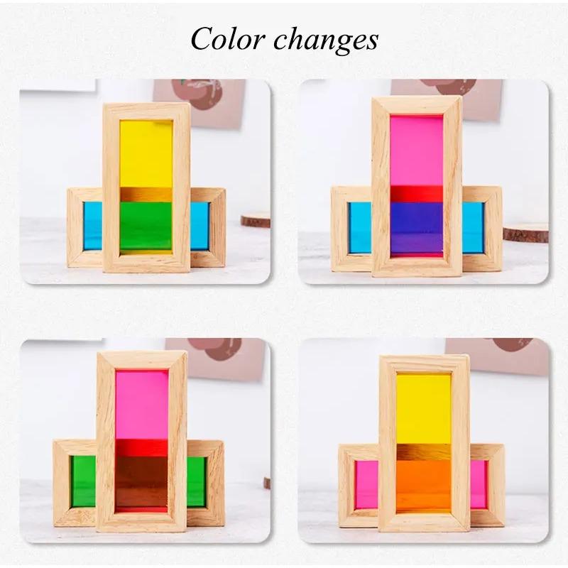 Montessori Transparent Shape Blocks Wooden Toys Rainbow Acrylic Color Cognitive Sensory Building Game Educational Toys for Kids
