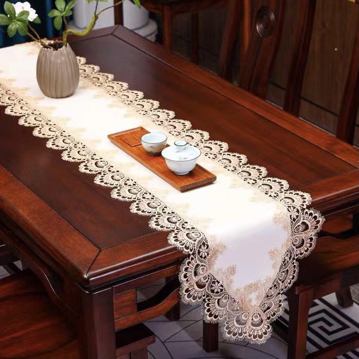 Waterproof & Oil-Proof PU Lace Table Runner - American Light Luxury Design for Dining Table or Shoe Cabinet