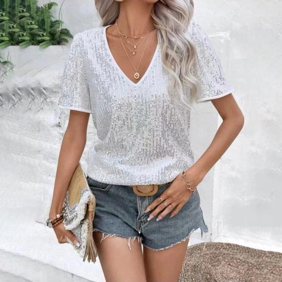 Women T-shirt V-Neck Short Sleeve Shiny Sequins Tee Shirt Loose Fit Summer Sexy Tops Holidays Parties Wear