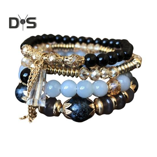 5-teiliges Damen-Armbandset mit Kunstkristallen, glatt, mit mehreren Anhängern, Schmuck im Retro-Boho-Stil mit elastischer Kordel, mehrlagiges stapelbares Armbandset