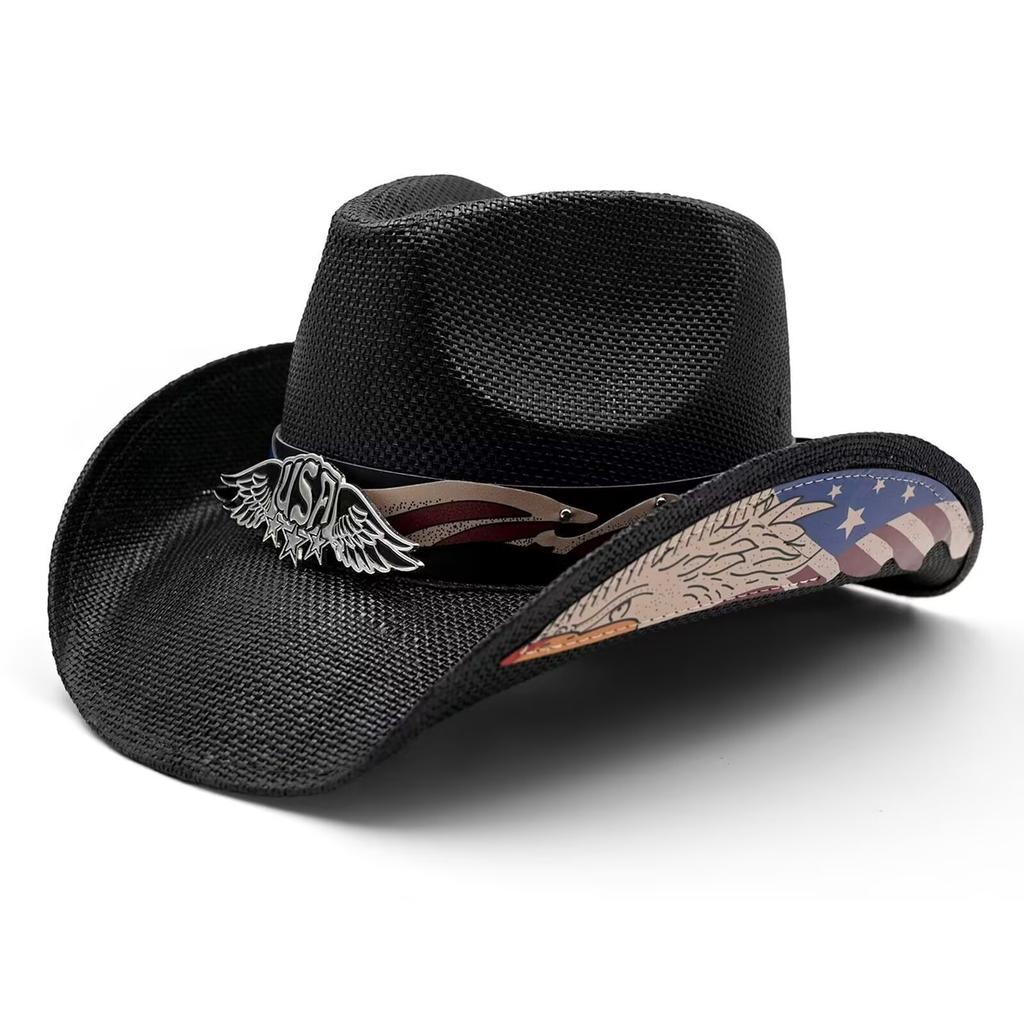 Popular American USA men's and women's stiff retro equestrian hats printed big eaves western cowboy straw hats