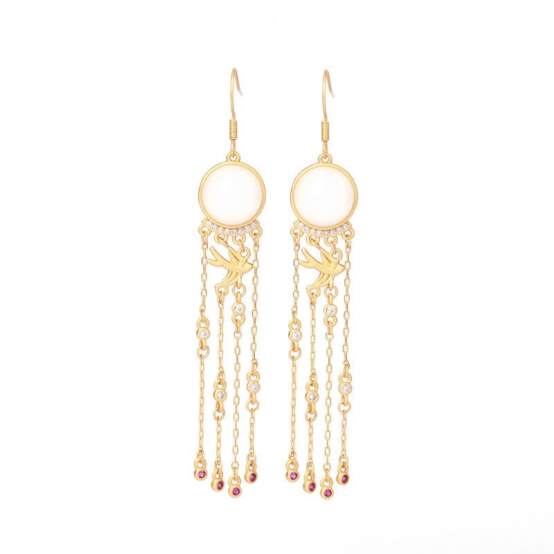 Classical Chinese-Style 925 Silver Earrings with Imitation Hetian Jade and Tassel Design