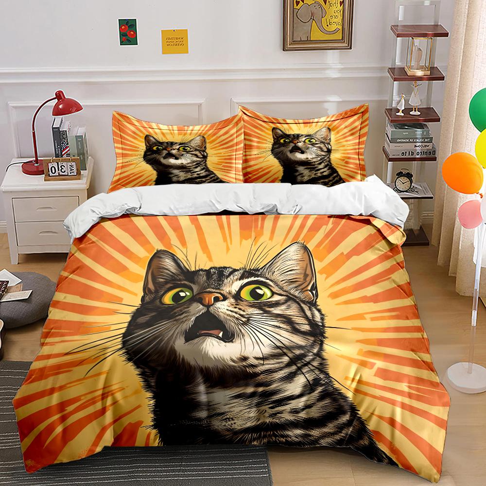 Surprised cat with radiant background Print Soft Comfortable Duvet Cover Bedding Set Included 1*Duvet Cover 2*Pillowcases
