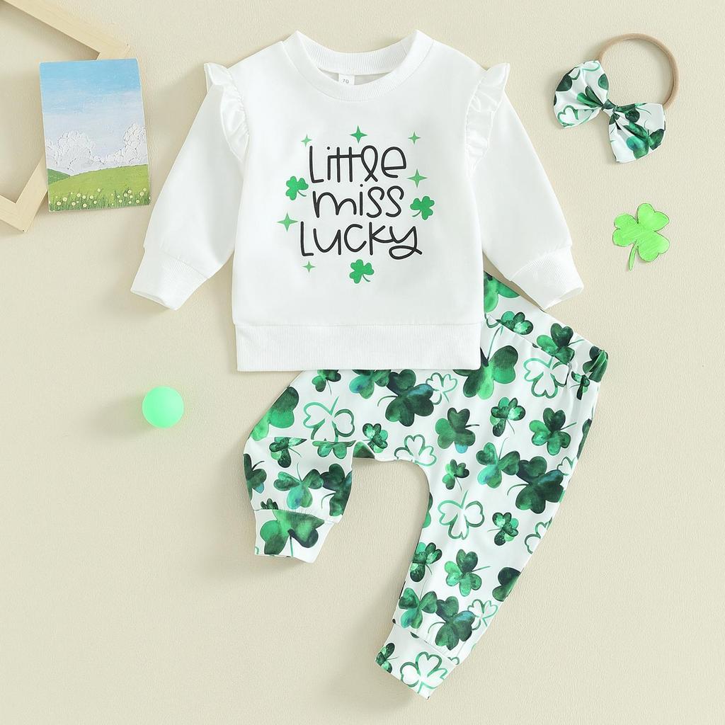 Toddler Girl Ireland Festival Outfits 6M 12M 18M 24M 3Y Letter Print Crew Neck Sweatshirts Shamrock Print Pants Headband 3Pcs Clothes Set