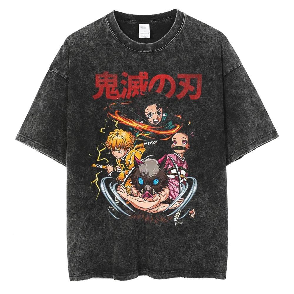 Demon Slayer Tanjiro & Nezuko Vintage Washed Graphic T-Shirt, "Kimetsu no Yaiba" Anime Streetwear Oversized Tee, Unisex Casual Top