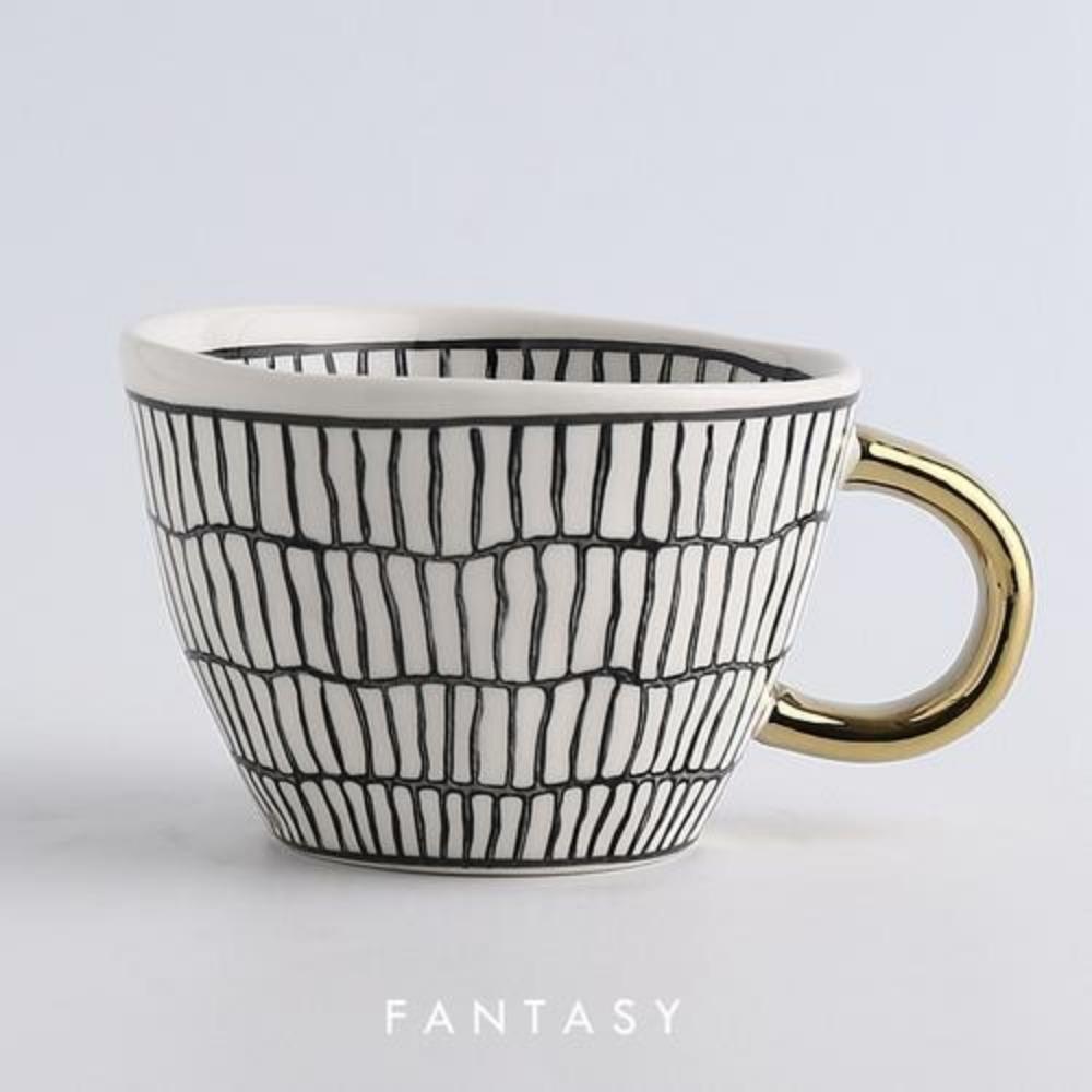 American Irregular Geometric Ceramic Coffee Cup with Gold Plated Handle Black and White Pattern Milk Tea Cup Home Accessories