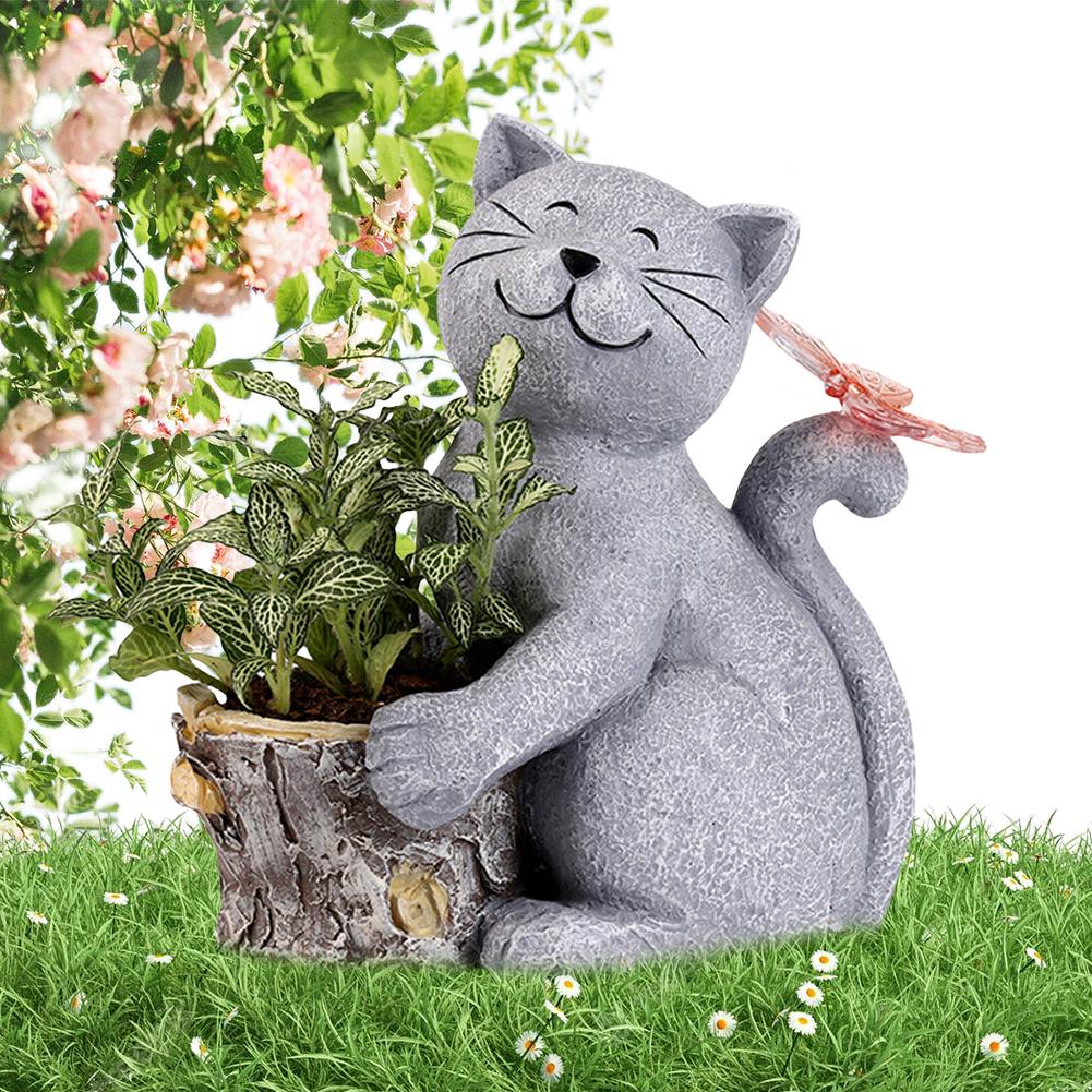 Solar Powered Decorative Animal Planter Resin Cat Flower Pot with Light Cat Butterfly Planter Statue Courtyard Ornament