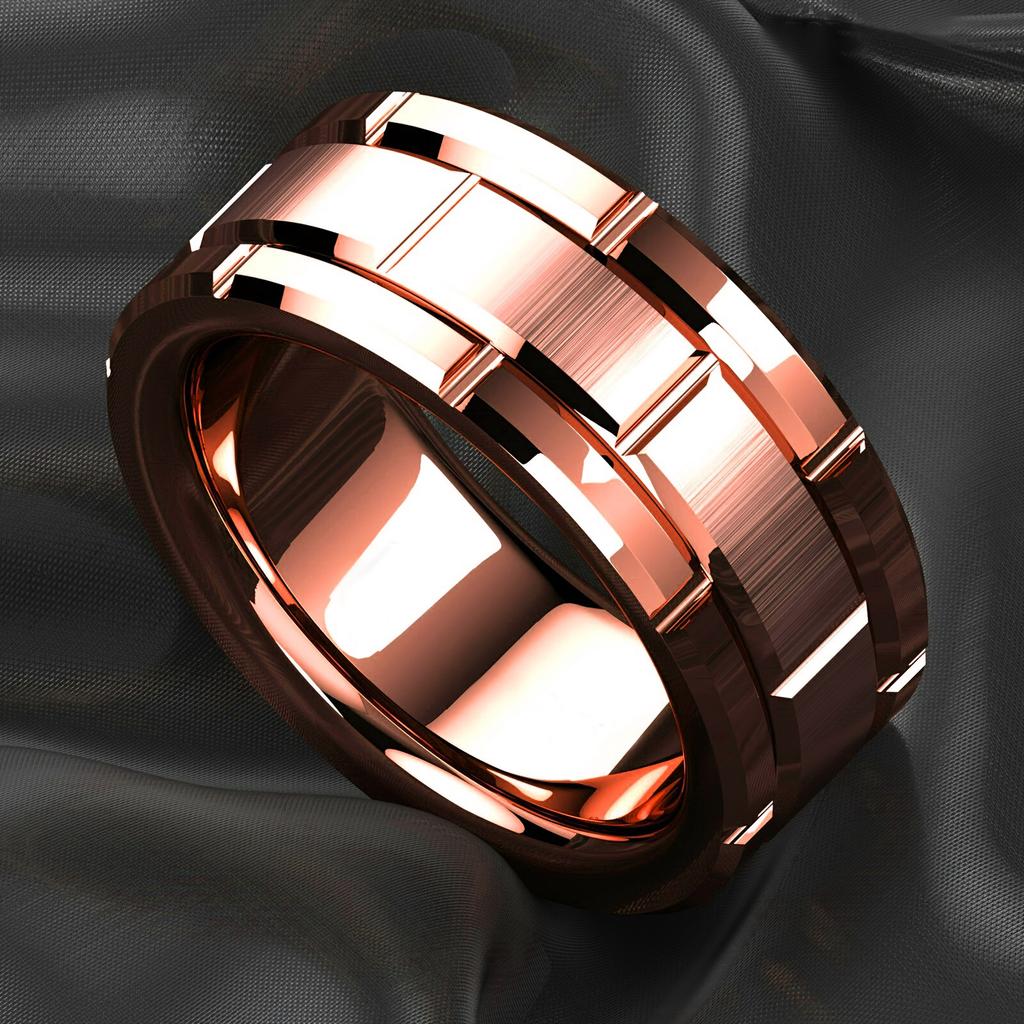 Fashion 8mm Brick Pattern Stainless Steel Rings For Men Black Brushed Double Groove Men Engagement Rings Wedding Band Jewelry