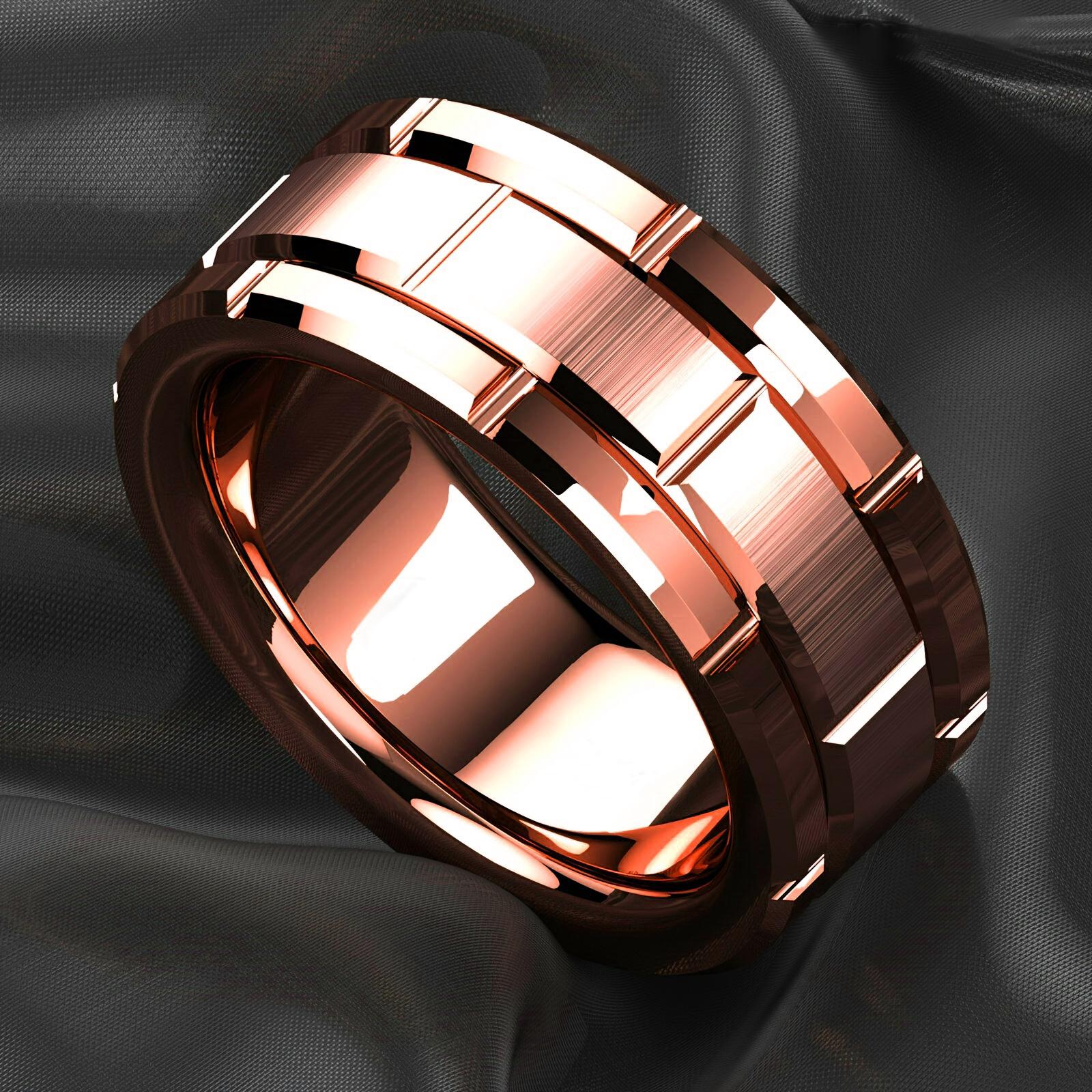 Modische 8mm Ziegelmuster Edelstahlringe für Herren Schwarz Gebürstet Doppelnut Herren Verlobungsringe Ehering Schmuck 13 brown