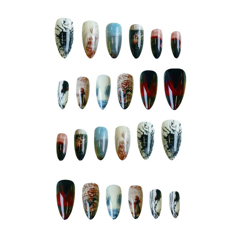 10 Pcs French Almond Fake Nails Dark Halloween Theme Full Cover Press On Nails For Party Wearable False Nail Tips