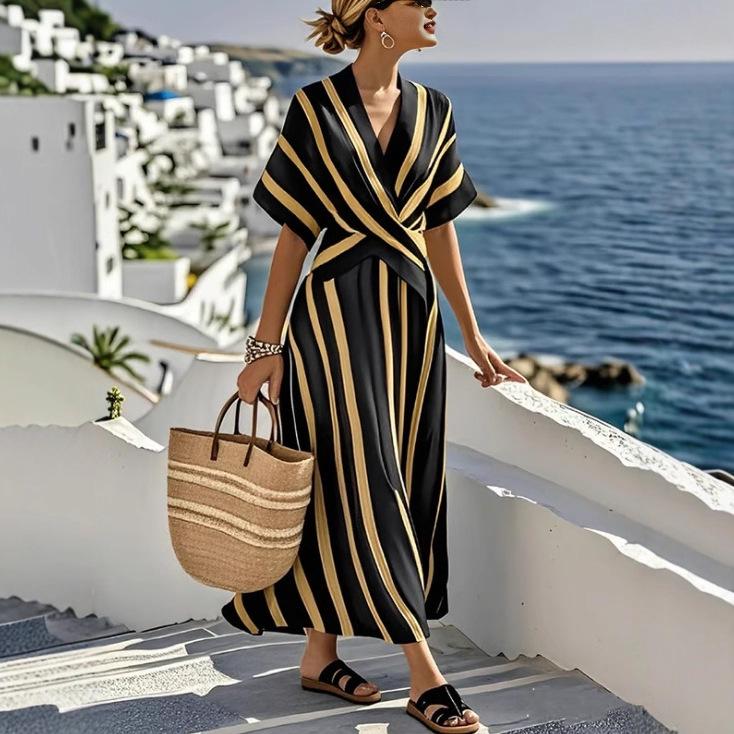 European & American V-Neck Ruffle Swing Dress - Women's Short Sleeve Summer