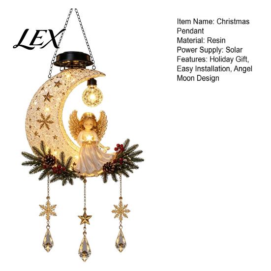 Crescent Moon Angel Statue Solar Light, Christmas Hanging Lantern with Warm Glow, Resin Holiday Home Decorative Accents Outdoor Yard Decoration