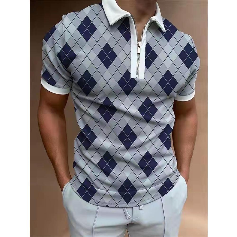 Summer Men's Casual Fashion Zipper Polos Digital Printed Stripe Plaid Pattern Mens Polo Shirts with Short Sleeve Men Clothing