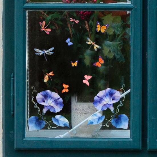 Spring Floral Window Clings Morning Glory Butterfly Dragonfly Static Glass Decals Reusable Sticker for Home Office Glass Doors Windows